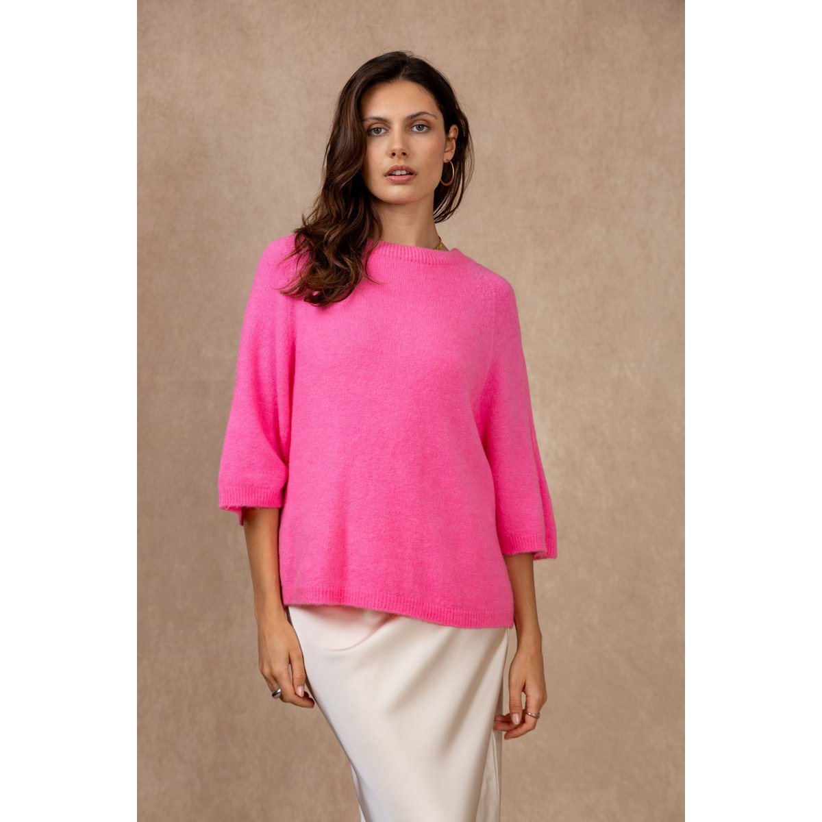 Pull col rond manches raglan 3/4 en alpaga et laine
