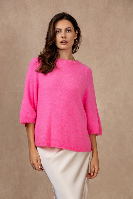 Pull col rond manches raglan 3/4 en alpaga et laine