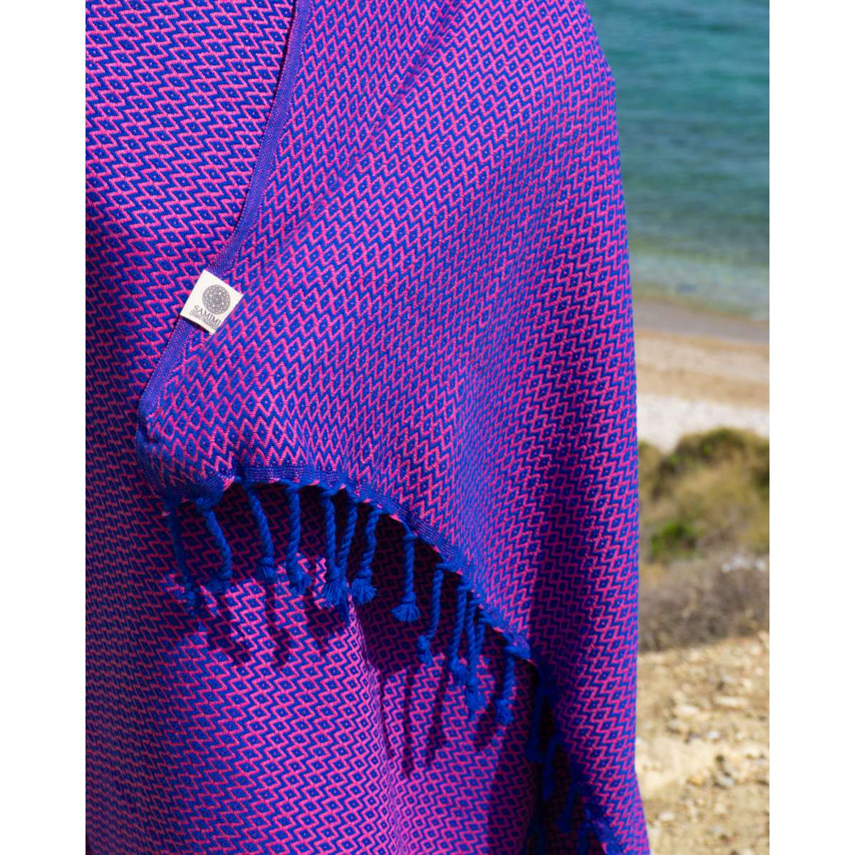 Toalla de playa SAMOS Hammam de algodón – Secado rápido – Azul / Fucsia - 180x100 cm