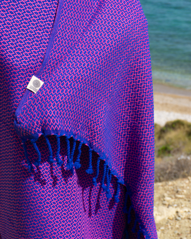 SAMOS Bomuld Hammam strandhåndklæde – Hurtigttørrende – Blå / Fuchsia – 180x100 cm