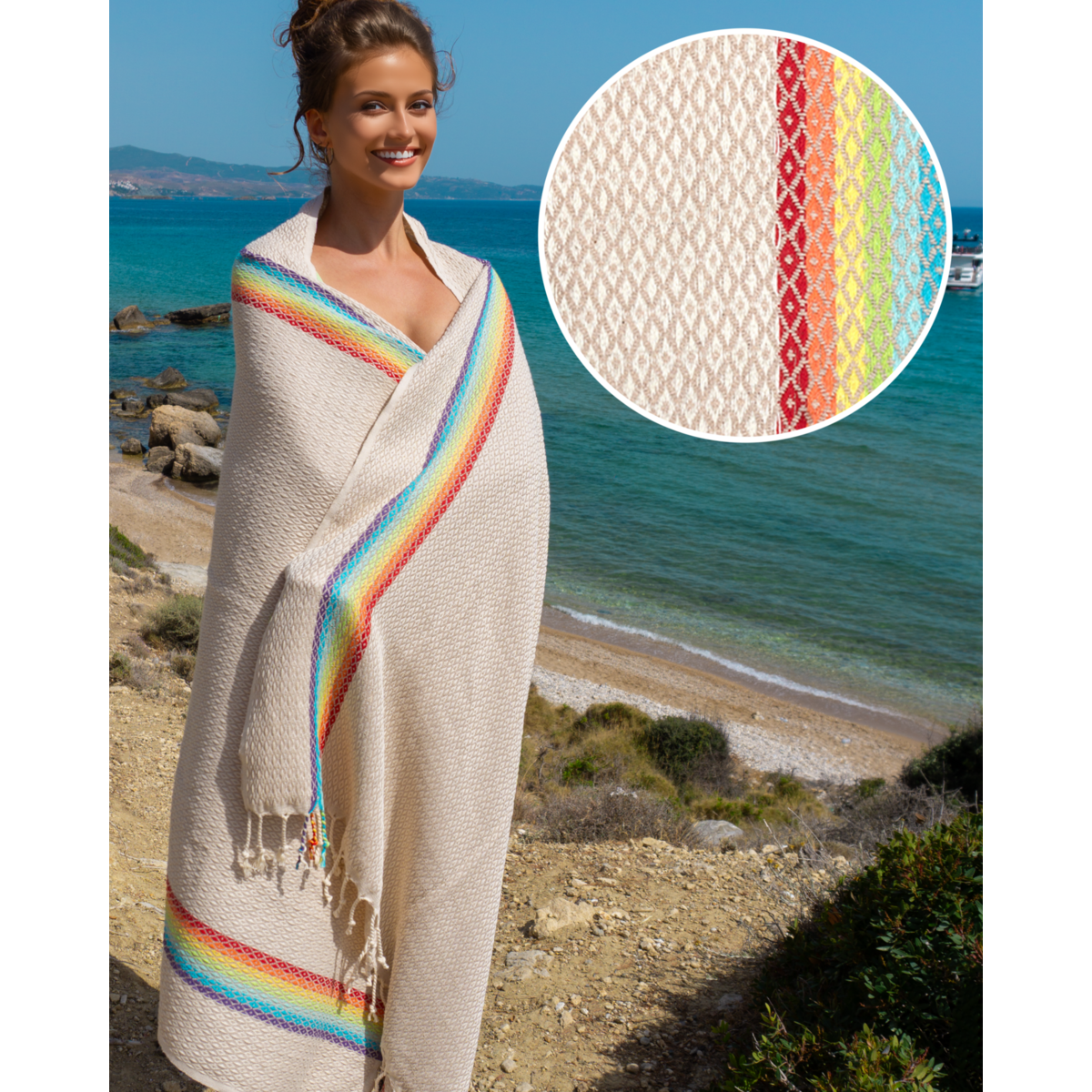 RAINBOW Cotton Hammam Pool Towel – Lightweight & Sand Free – Beige - 180x100 cm