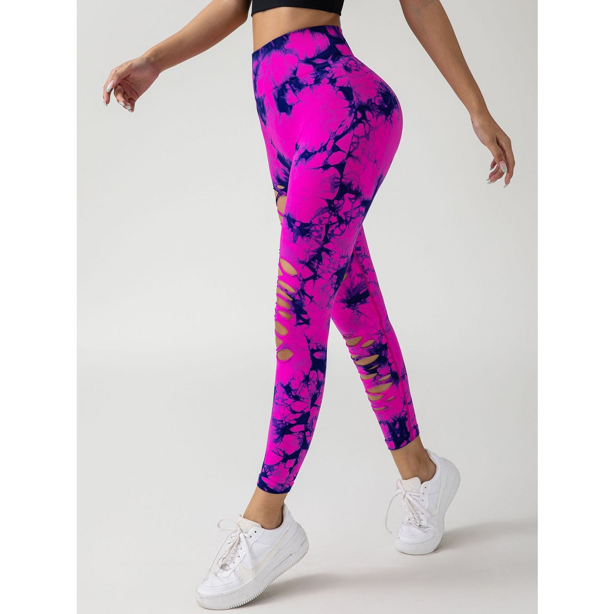 4er-Pack Yoga-Hosen im neuen Stil mit ausgehöhltem Batikmuster und hohem Bund für Bauchkontrolle