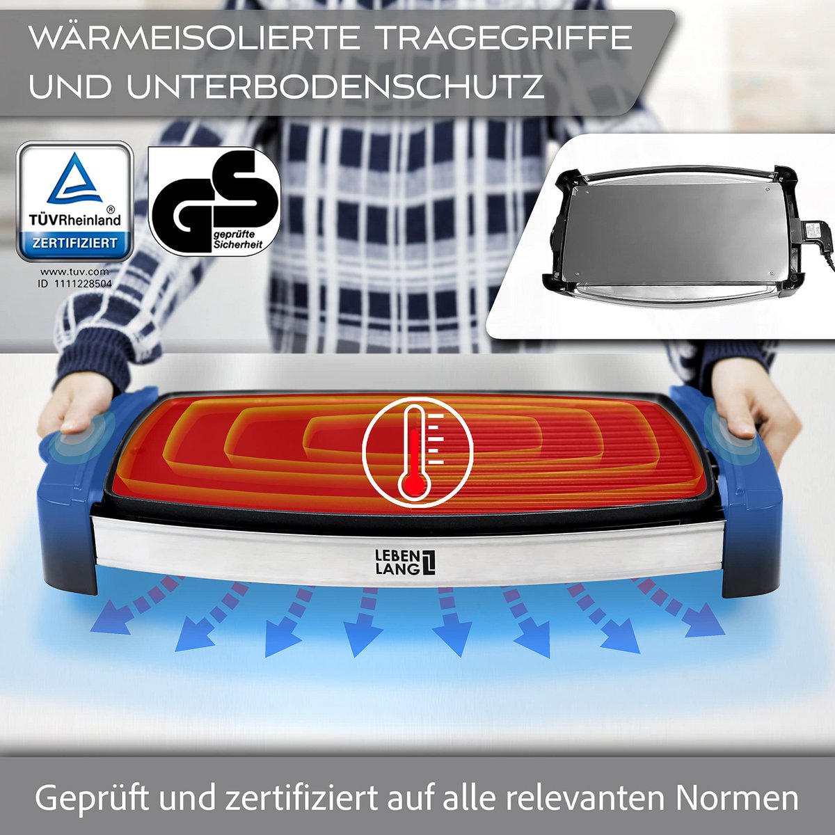LIFETIME elgrill med TÜV & GS 2200 watt - elgrill 4-8 personer | Bærbar XXL indendørs grill | Tepaniaky bordgrill elektrisk grill til altan