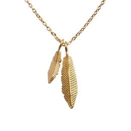 A gold-toned feather pendant necklace with a delicate chain, suitable for casual or formal wear.