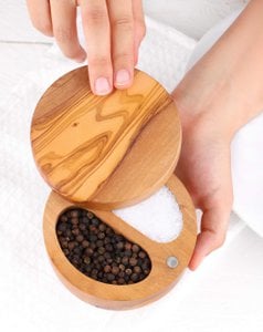Olive Wood Salt Cellar with Spoon & Magnetic Swivel Lid