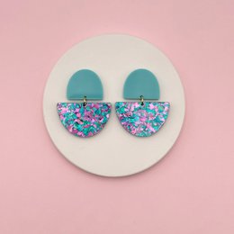 Green teal drop earrings with colorful sequin sparkle half-moon geometric design