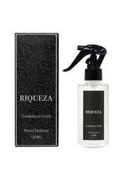Casablanca crush Room Perfume, a room spray with a floral and woody fragrance. Features a sleek black bottle with a spray nozzle for easy application.