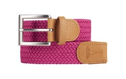 Pink elastic braided belt with leather accents, suitable for casual or formal wear.