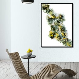 Vibrant abstract wall art featuring a cluster of yellow and green shapes, creating a dynamic and visually striking composition.