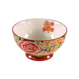 Ceramic bowl with red roses, yellow flowers, floral pattern, round shape, decorative tableware.