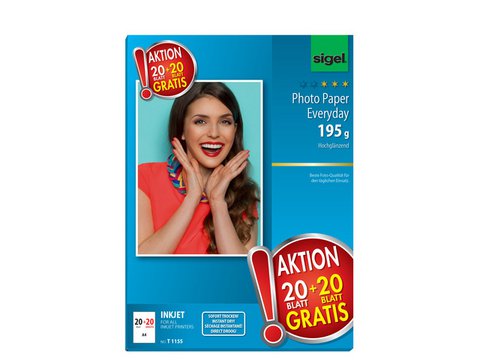 Inkjetfotopapier Sigel A4 Everyday 195grs wit 20 vel + 20 vel gratis hoogglans