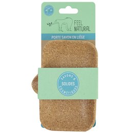 Natural soap dish made of cork with a rounded rectangular shape.