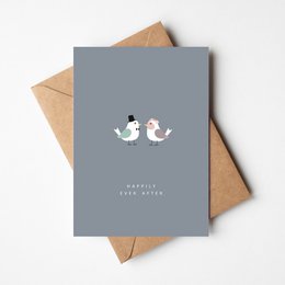 A greeting card featuring two birds in a simple, minimalist design. The card is gray in color with the text "Happily ever after" printed below the bird illustrations.