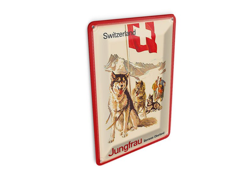 Tin postcard travel 10x14 cm Switzerland Jungfrau Bernese Oberland dog decorative sign