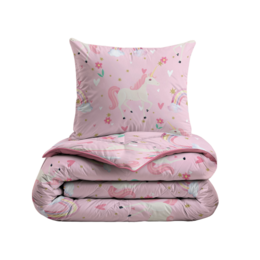 Soft, plush duvet cover set featuring a whimsical rainbow unicorn design in pastel pink and white. Ideal for a child's bedroom, providing a cozy and enchanting sleeping experience.