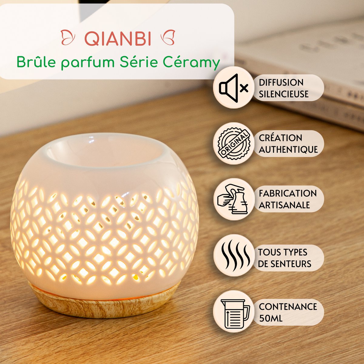 Brûle parfum Série Céramy – Qianbi – Bougeoir en Céramique Laquée – Diffusion Cires Parfumées, Huiles Essentielles – Idée Cadeau Déco