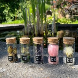 Set of 5 glass tubes with assorted dried flowers and gems in various colors including pink, white, and green.