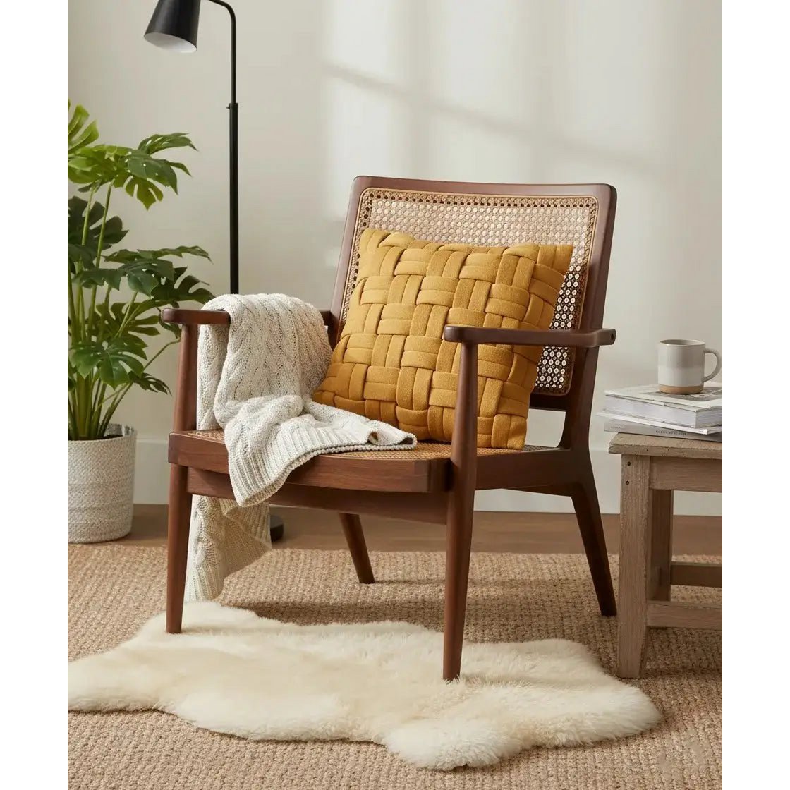 Mosterdmandgeweven kussenhoes – Handgeweven katoen – 45×45 cm – Urbane Hide