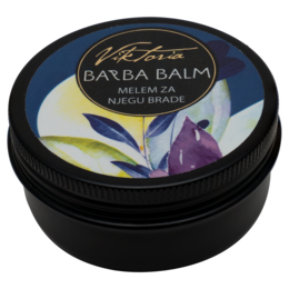 A 30 ml jar of Barba Balm, a beard care product. The jar has a blue and white label with a floral design.