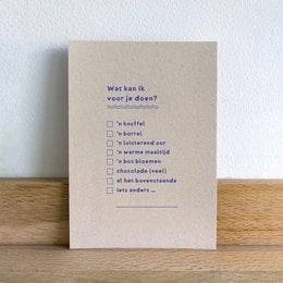 A postcard with a checklist asking "What can I do for you?" in Dutch, suggesting a friendly, helpful message for a friendship card.