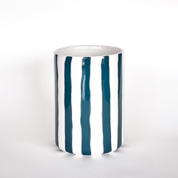 Cylindrical vase with vertical teal stripes on white background, modern minimalist style, tall round shape.