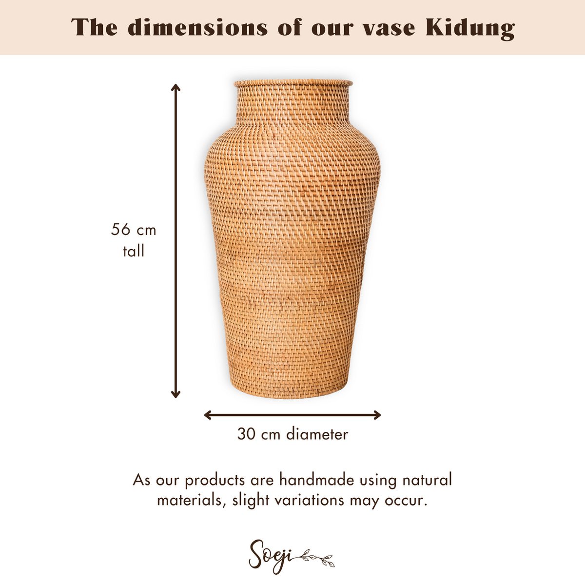 Woven Rattan Vase Round – Large Boho Decorative Vase – Vase Tall & Narrow – Floor Vase Handmade from Natural Fibres (Ø 30 cm) KIDUNG