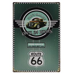  Retro-style wall sign featuring a vintage car and the Route 66 logo, with text indicating "Dad's Garage" and "Open 24 Hours".