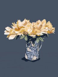 Vibrant yellow flowers in a patterned blue vase, creating a striking visual contrast. The floral arrangement has a soft, delicate appearance.