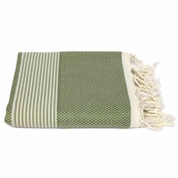 Hammam towel in olive green with striped and textured patterns, suitable for use as a bath, beach, or spa towel.