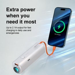 Power Bank portátil PB-008 de 5000 mAh - Blanco con cable incorporado y linterna LED