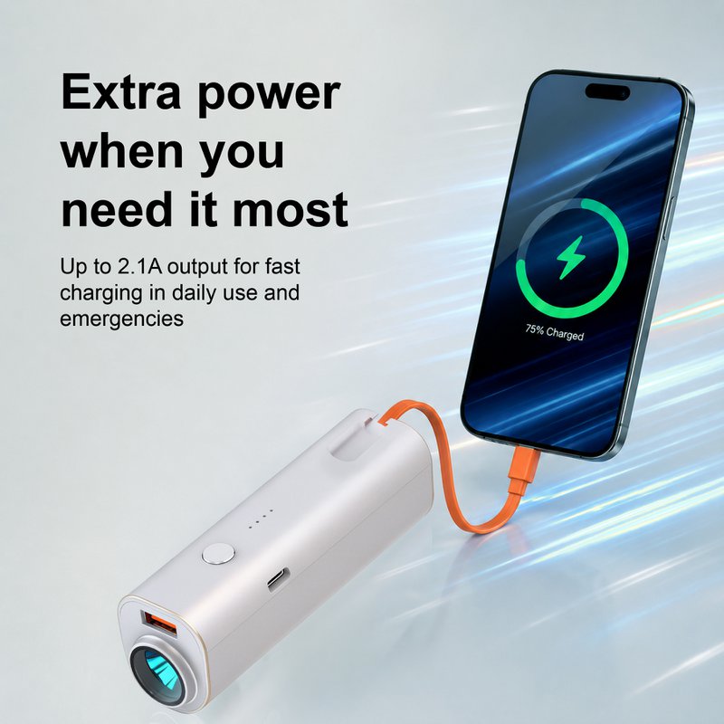 Power Bank portátil PB-008 de 5000 mAh - Blanco con cable incorporado y linterna LED