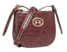  Burgundy croc-effect crossbody bag with gold-tone hardware and logo detail.