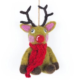Handmade felt biodegradable Christmas reindeer decoration with knitted scarf. The reindeer has a red nose, antlers, and is wearing a red scarf. It is hanging on a Christmas tree.