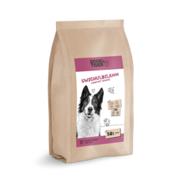 Premium grain-free dog food with lamb and herbs, available in 2kg and 12kg bags.