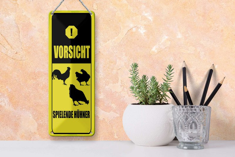 Targa in metallo nota 27x10 cm Fai attenzione a giocare a galline Targa decorativa gialla