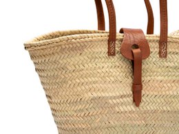 Navicella da spiaggia, Borsa di paglia, Borsa in rafia con pelle, Navicella in sparto, Fatta a mano 50 cm