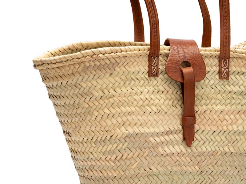 Navicella da spiaggia, Borsa di paglia, Borsa in rafia con pelle, Navicella in sparto, Fatta a mano 50 cm