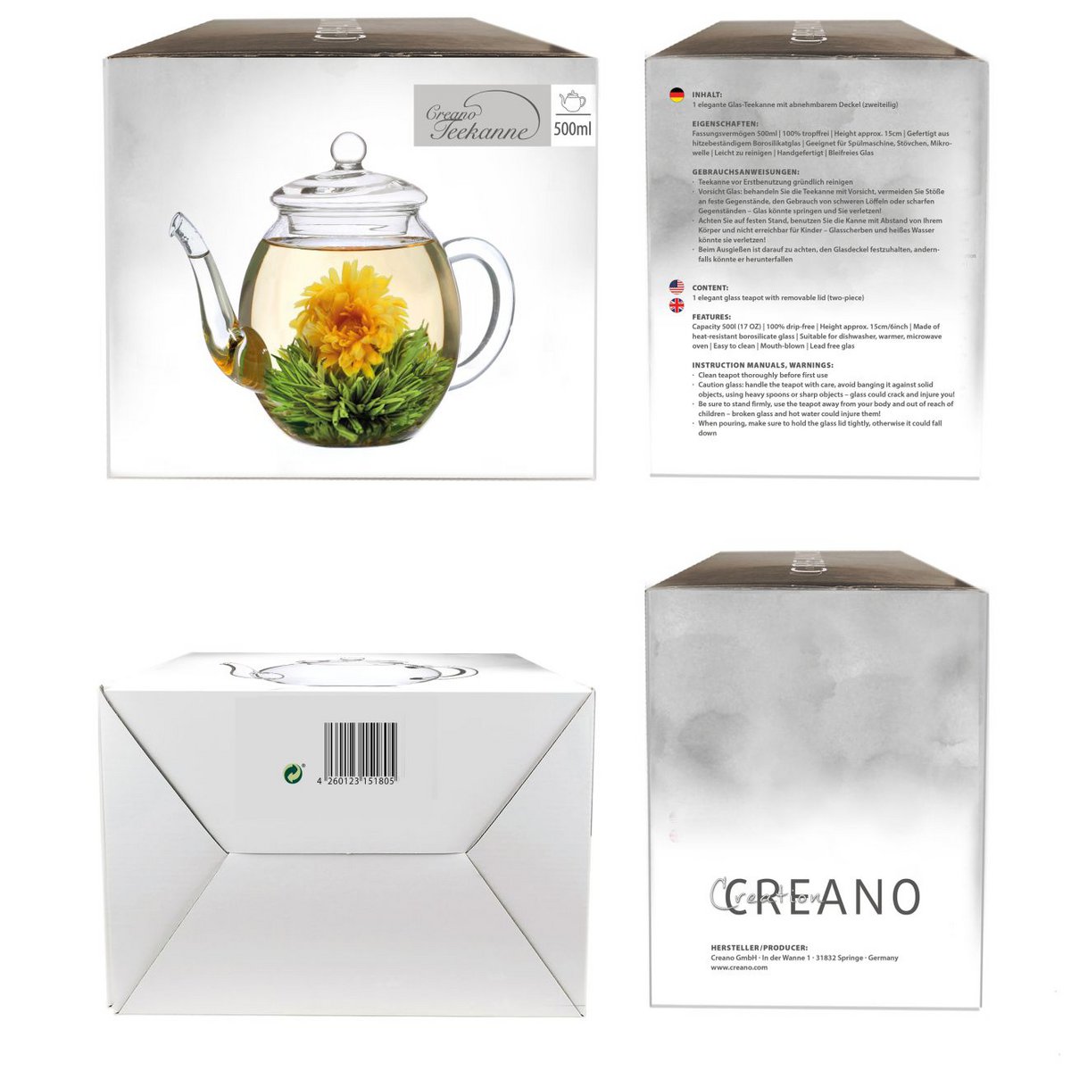 Creano Glasteekanne mit Deckel 500ml hitzebeständig
