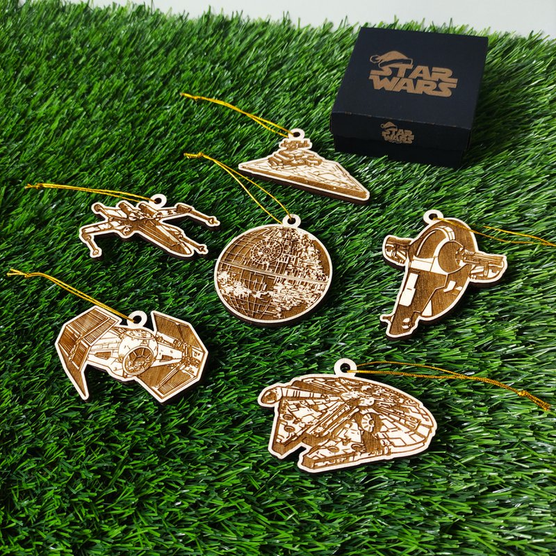Zestaw 6 drewnianych ozdób choinkowych Star Wars, prezent dla nerdów i maniaków, ozdoby choinkowe, wystrój domu, ekologiczne dekoracje świąteczne, statki kosmiczne