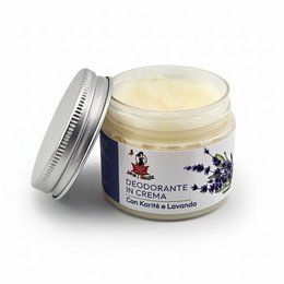 Natural cream deodorant, white texture, lavender scent, metal tin container, 50 grams.