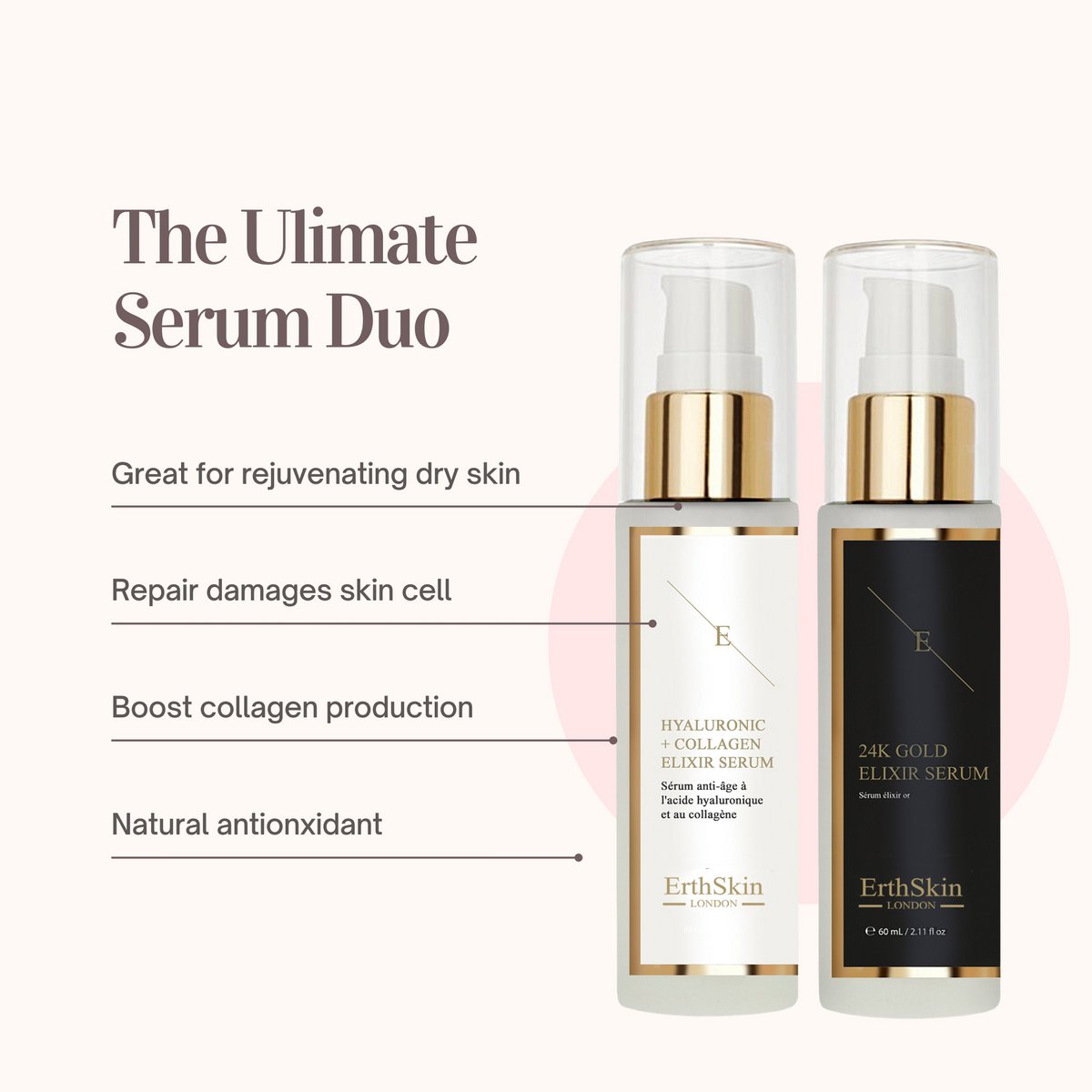 Sérum Élixir Anti-Rides Or 24 Carats - 60 ml + Sérum Acide Hyaluronique & Collagène - 60 ml