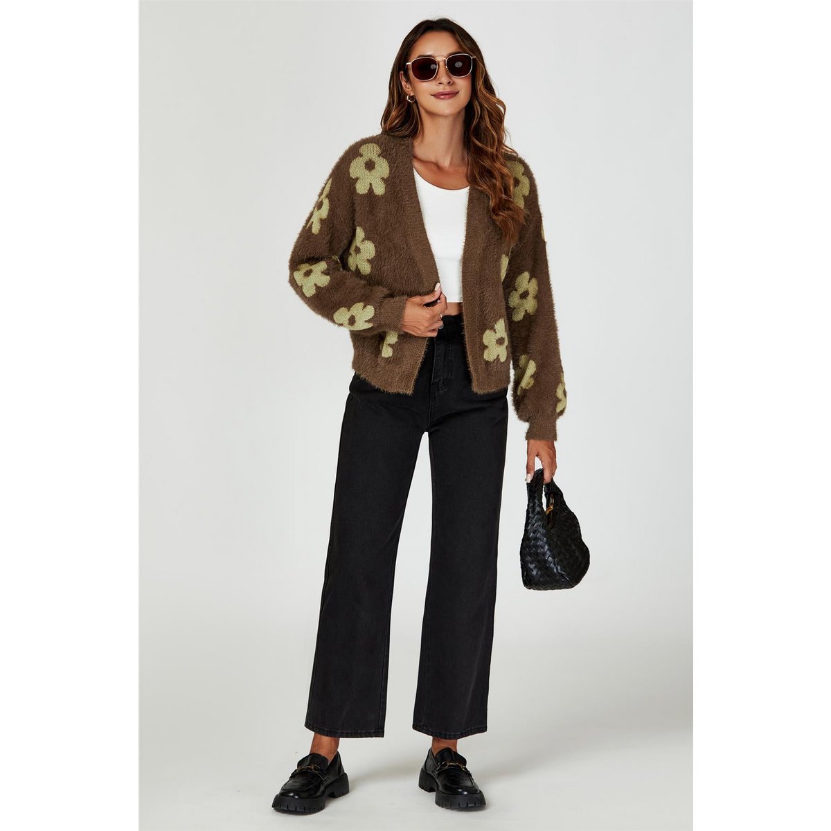 Flowers Pattern Knitted Cardigan In Brown