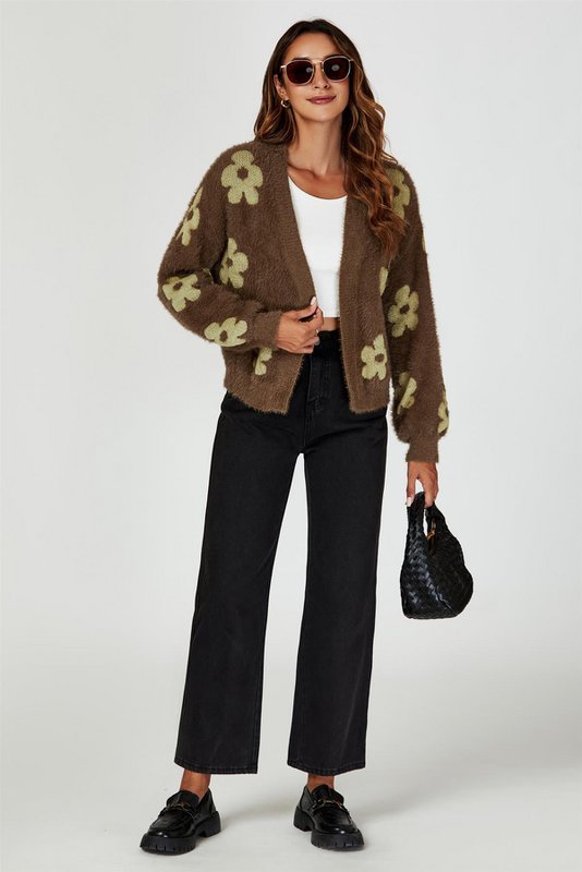 Blomster mønster strikket cardigan i brun