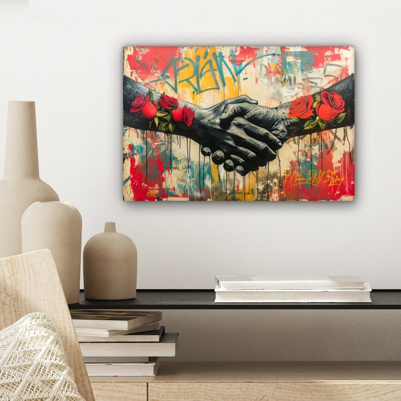 Canvas schilderij - Wanddecoratie Graffiti - Rozen - Handen - Street art - Muurdecoratie woonkamer - Slaapkamer decoratie - Kamer accessoires - Schilderijen op canvas