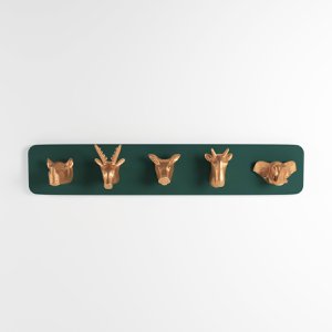 Grüne Wandgarderobe, 5 goldene Haken Noé