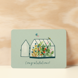 Colorful floral illustration of a greenhouse with the text "Congratulations!" on a postcard.