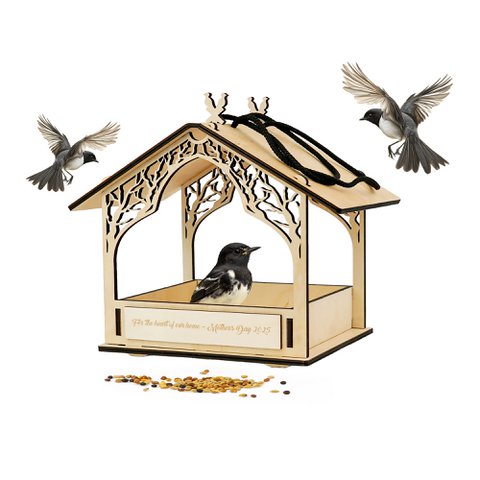 Eco-Friendly Outdoor Bird Feeder, Handmade Wooden Feeder with Artistic Laser Detailing