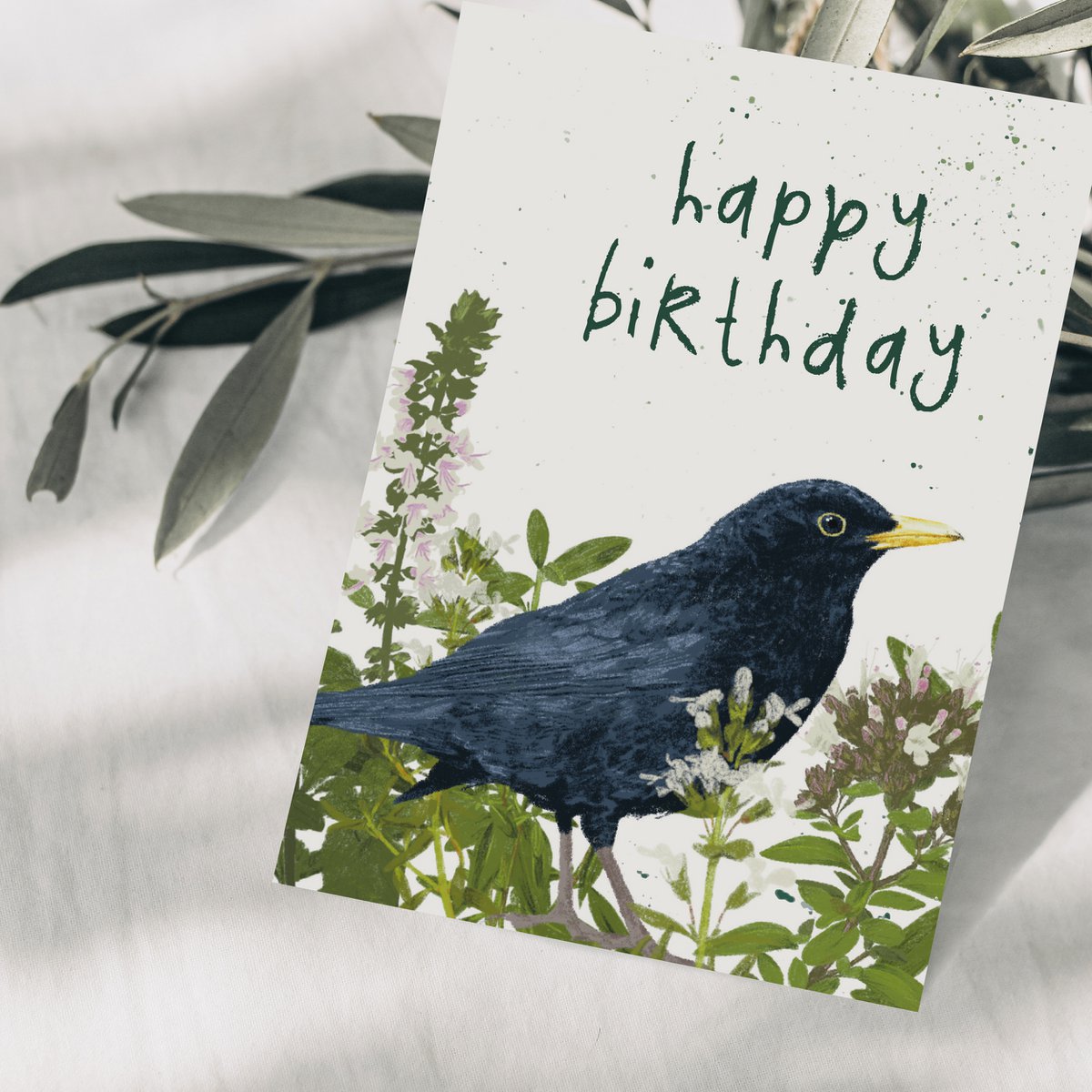 Geburtstagskarte 'happy birthday' mit Vogel und Wildblumen
