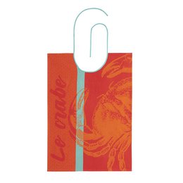 Red crab bib with blue-grey trim, orange patterned design, waterproof fabric for babies and toddlers.