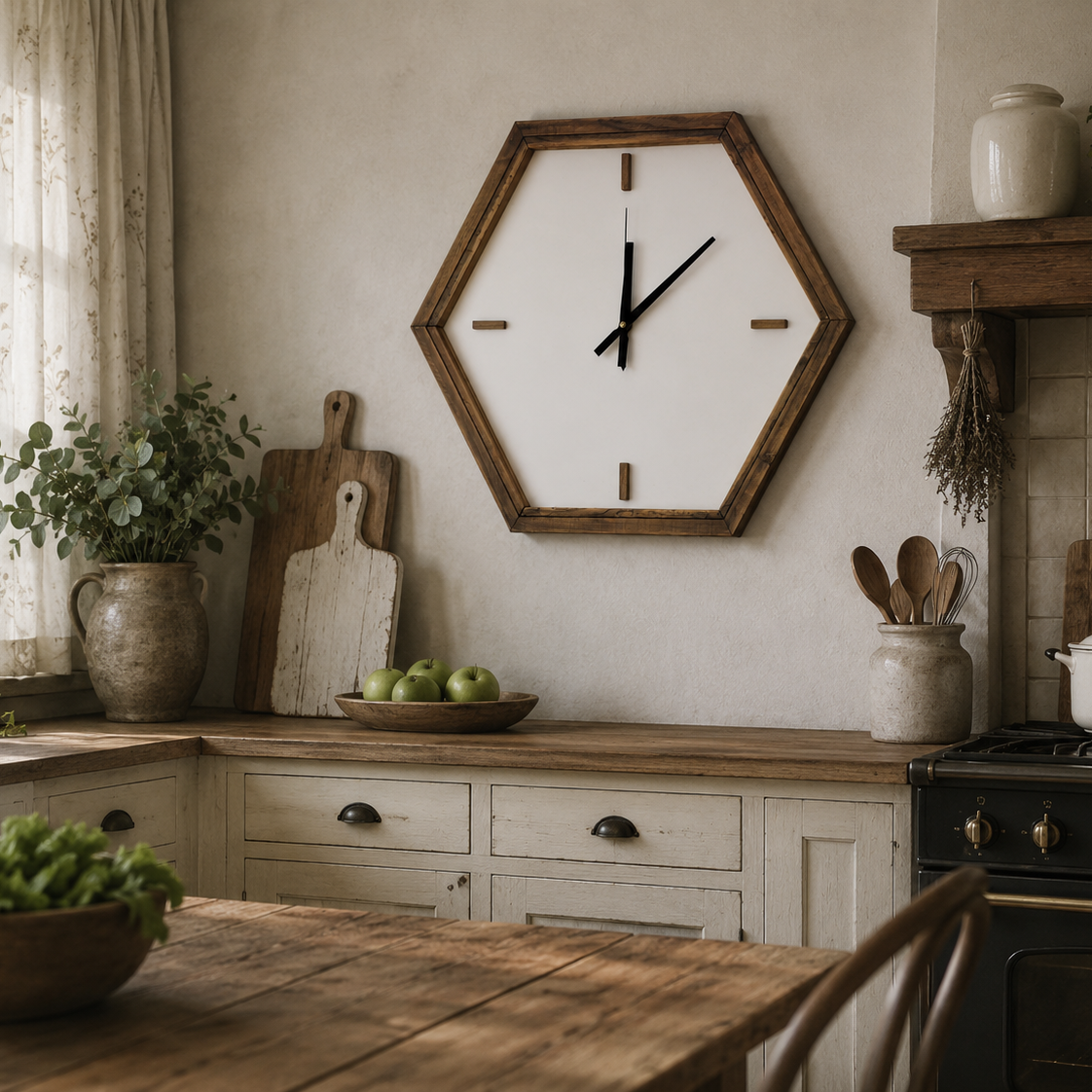 Sechseckige Uhr aus Naturholz Ø 50 x 8 cm